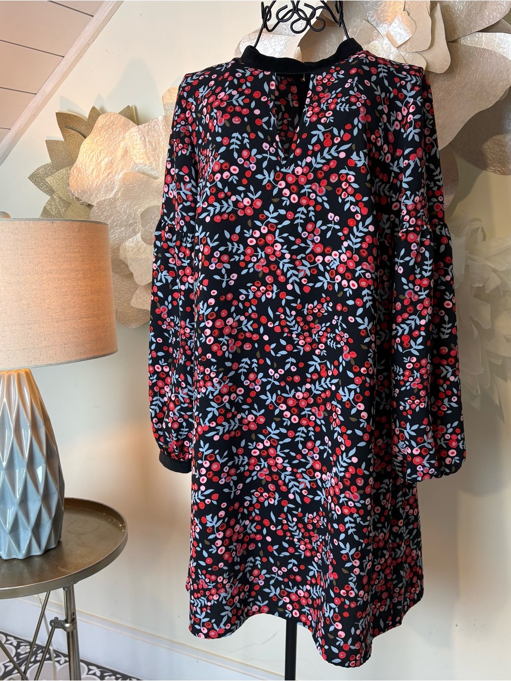 LOFT Black Shift Dress with Red & Light Blue Floral Print